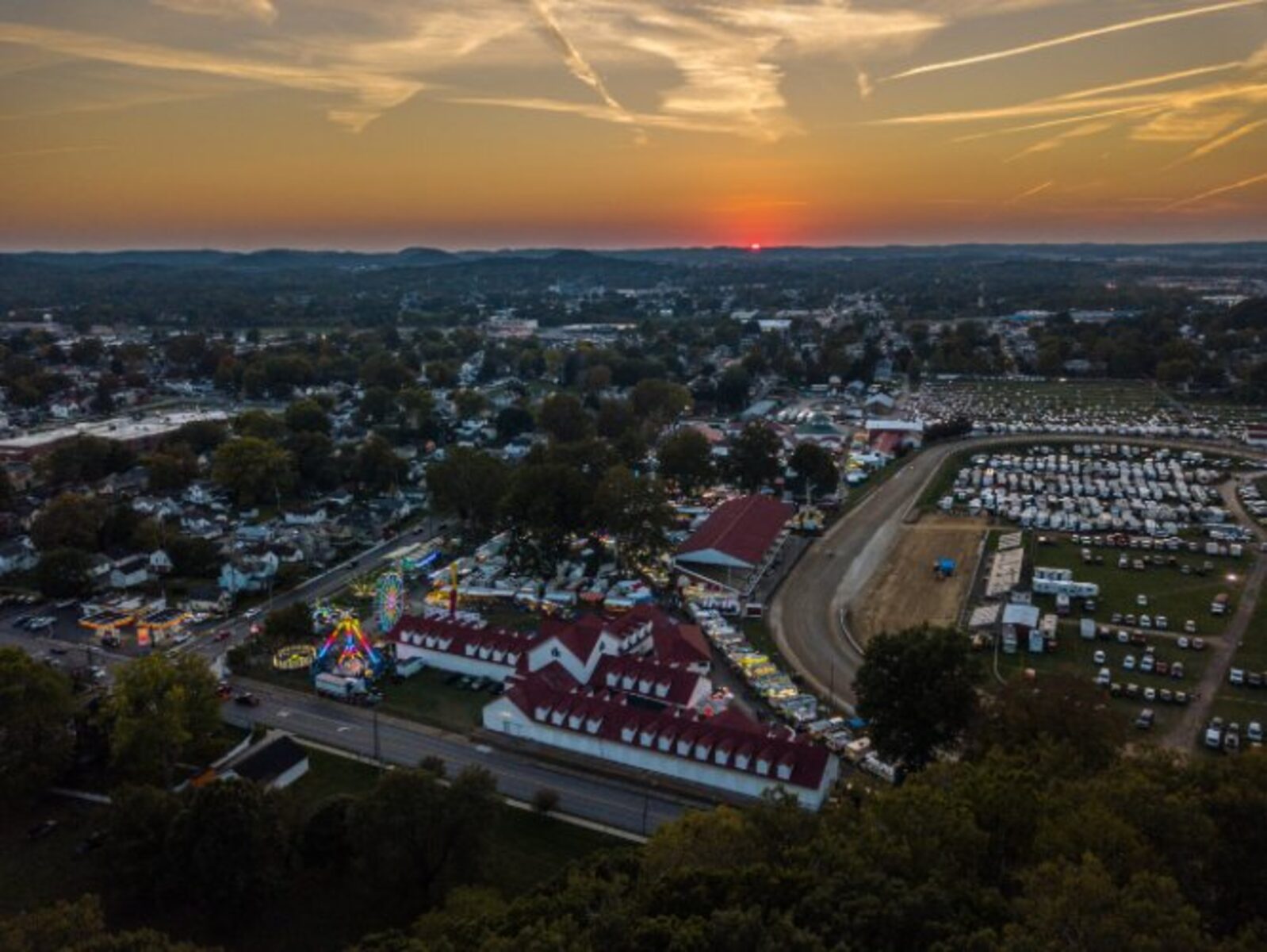 Aerial sunset view of Lancaster, Ohio and the Fairfield County Fairgrounds